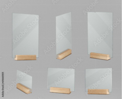 Set of 3D grass trophies on wooden base isolated on transparent background. Vector realistic illustration of square and rectangular acrylic award mockups, front and side view, restaurant menu design