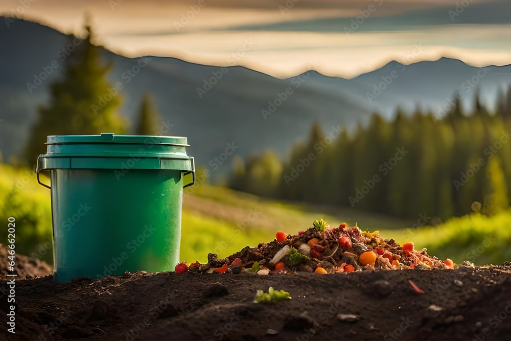 Expired vegetable mixture in a large container and organic biowaste in a trash can. Compost from