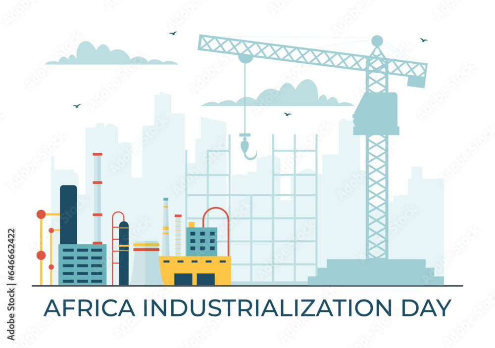 African Industrialization Day Vector Illustration of Factory Building Operating with Chimneys in the Center of the City in Flat Cartoon Background
