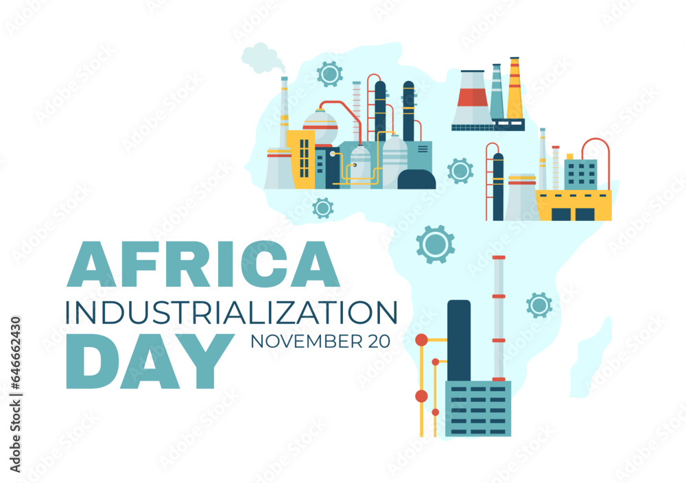 African Industrialization Day Vector Illustration of Factory Building Operating with Chimneys in the Center of the City in Flat Cartoon Background