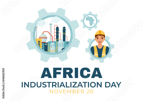 African Industrialization Day Vector Illustration of Factory Building Operating with Chimneys in the Center of the City in Flat Cartoon Background © denayune