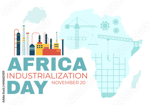 African Industrialization Day Vector Illustration of Factory Building Operating with Chimneys in the Center of the City in Flat Cartoon Background