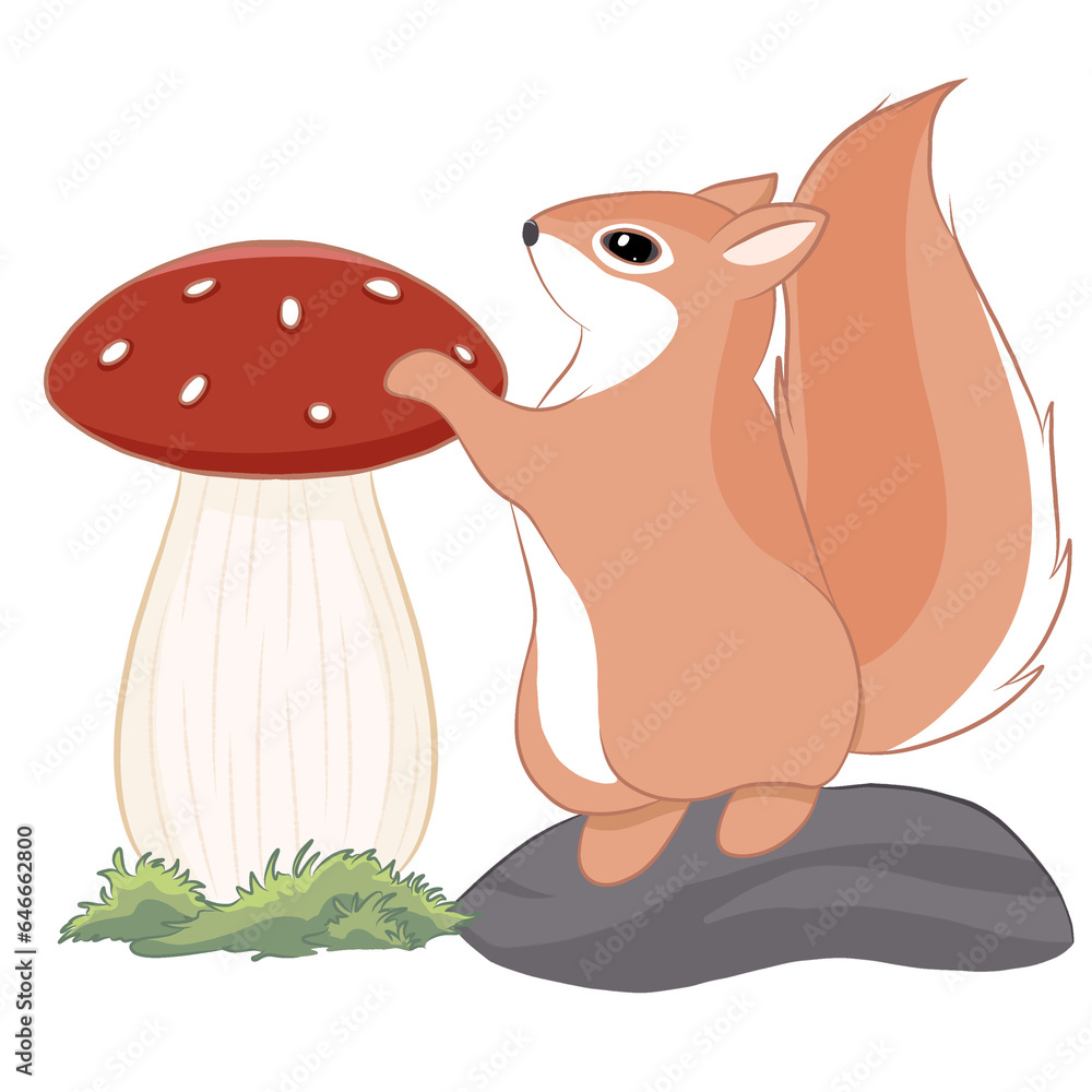 Squirrel on the rock with mushroom, cartoon character illustration Squirrel on the rock with mushroom, cartoon character illustration