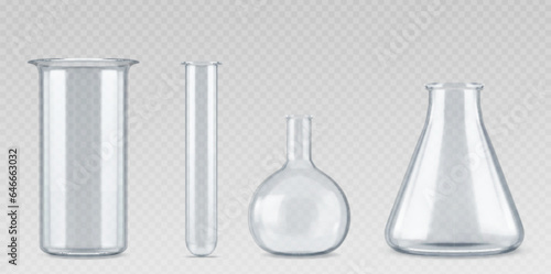 Realistic lab glassware set isolated on transparent background. Vector illustration of laboratory beaker, volumetric, conical flasks, tube for scientific experiment, containers for chemical substance