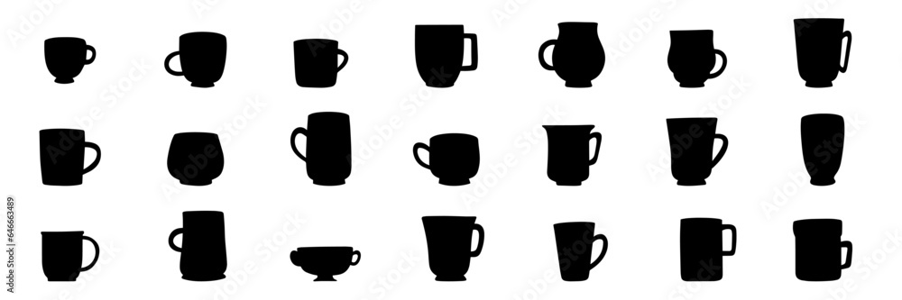 © clelia-clelia - Set of cups silhouette. Hand drawn silhouette of mugs. Large collection of cup or mug silhouette. Vector illustration