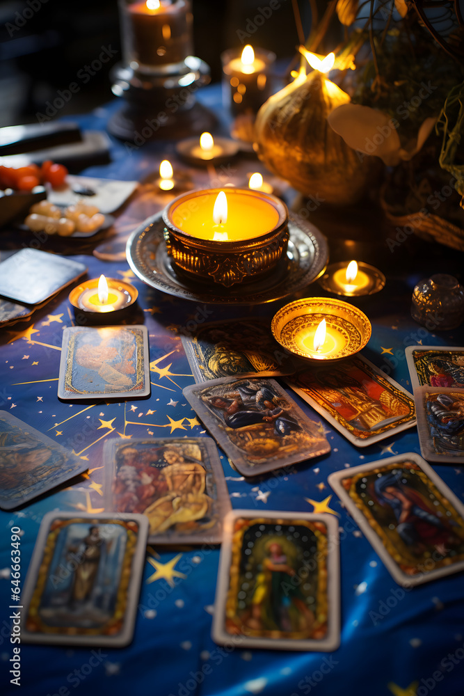 Tarot cards spread on a table alongside a burning candle Tarot cards spread on a table alongside a burning candle