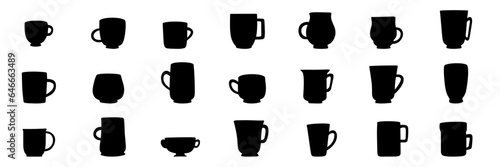 Set of cups silhouette. Hand drawn silhouette of mugs. Large collection of cup or mug silhouette. Vector illustration