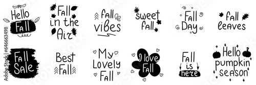 Hello Fall, Fall in the Air, Fall Vibes, Hello pumpkin season. Handwriting   text set. Fall short phrases collection in black color. Vector illustraiton.