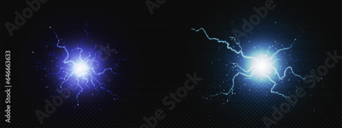 Electric lightning energy explosion ball vector. 3d thunder circle explosion light in blue, and purple. Thunderbolt crack glow effect. Abstract discharge isolated on transparent background.