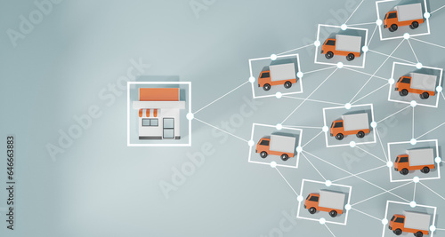 Concept of logistics, delivery or global cargo. truck and store linked with each other with lines as distribution channels.