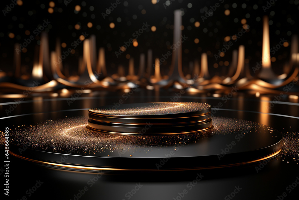 podium blank, borwn background, glitter, in the style of circular abstraction, render in cinema 4d, tonalist, uhd image, soft black and white, lively tableaus, rim light