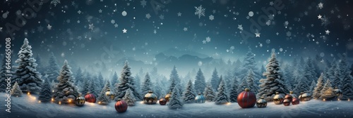 Christmas card, winter snow landscape, snowflakes falling from sky, wide panorama © Rawf8
