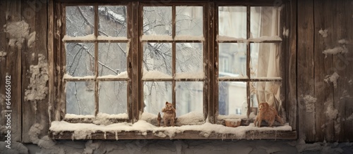 Broken window in an old snowy house.