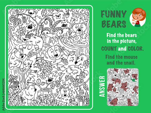 Find bears in picture, count and color. Games for kids. Puzzle with hidden objects. Black and white outline for coloring. Funny cartoon characters. Vector illustration.