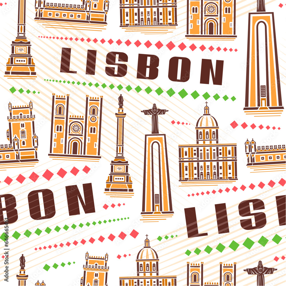 Vector Lisbon Seamless Pattern, repeat background with illustration of famous yellow lisbon city scape on white background for wrapping paper, decorative line art urban poster with brown text lisbon