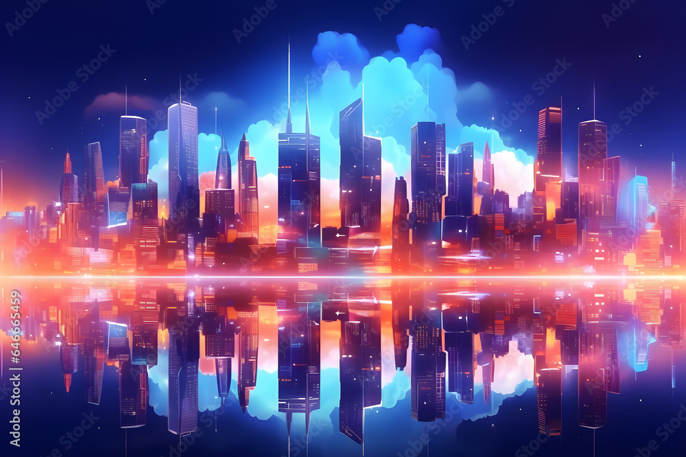 Futuristic night city with glowing neon color. Abstract background of cyberpunk city future technology. Generative AI.