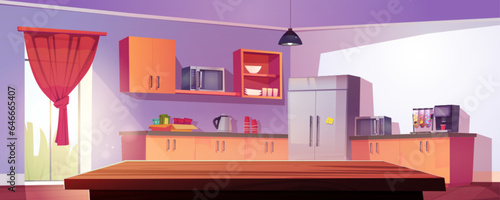 Kitchen interior in company office. Vector cartoon illustration of spacious dining room with wooden furniture, fridge, coffee machine, sweet dispenser, paper cups, microwave oven, sunlight in window