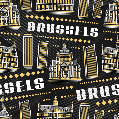 Vector Brussels Seamless Pattern, square repeating background with illustration of famous european brussels city scape on dark background, decorative line art urban poster with white text brussels