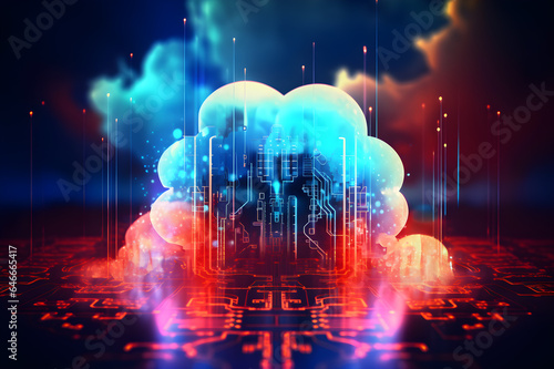 Cloud computing technology concept. Cloud network connecting and online data storage in neon lighting. Data Internet service in futuristic technology. Generative AI.