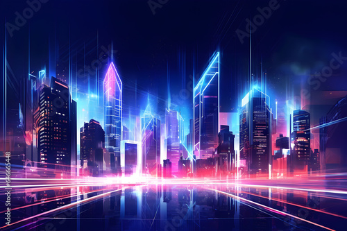 Futuristic night city with glowing neon color. Abstract background of cyberpunk city future technology. Generative AI.