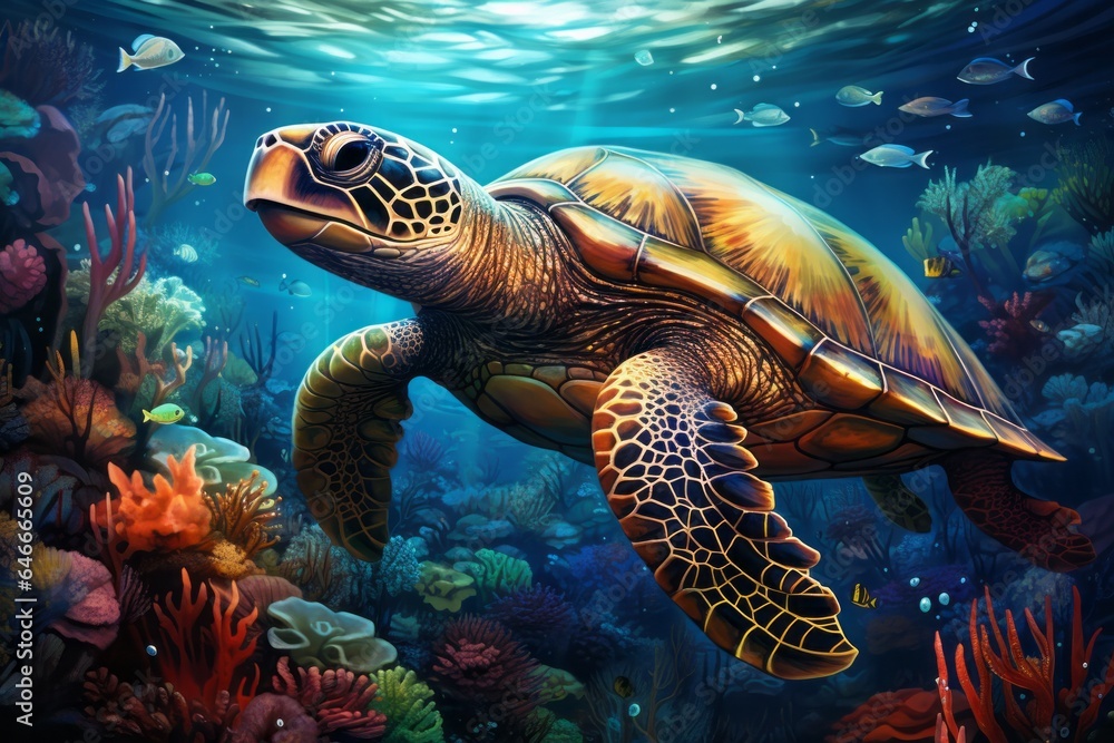 Fototapeta premium Illustration of a vibrant underwater scene with a majestic turtle gracefully swimming in the ocean created with Generative AI technology
