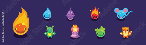 Flat Assets for Mobile Game with Funny Creatures Vector Set