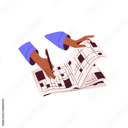 Person hold pen and turn page of paper newspaper. Woman solves crossword. People write in magazine with brainteasers. Intellectual hobby flat isolated vector illustration on white background