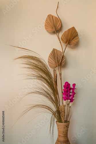 Boho style living room interior with elegant accessories in the form of dried flowers and plants such as pampas or dried reed bouquets to decorate the room with a white wall background.