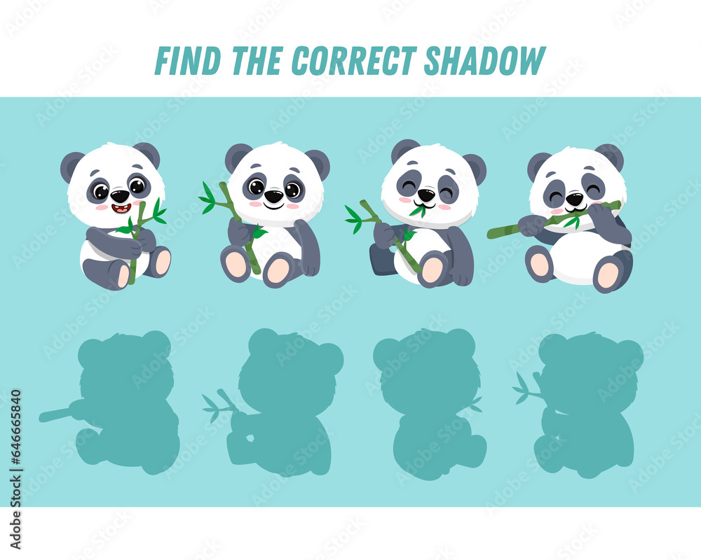 Find correct shadow of cute panda. Educational logical game for kids. Cartoon panda. 