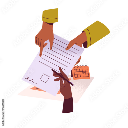 Business partners hands signing documents. Businessman sign paper contract. People write summary, signature pack, corporate agreement conclusion. Flat isolated vector illustration on white background