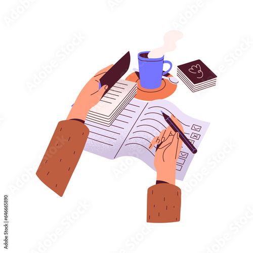 Hands hold pen, turn page. Person edit to do list, schedule, planning in notebook. Woman writes points on checklist. People make a plan on paper. Flat isolated vector illustration on white background