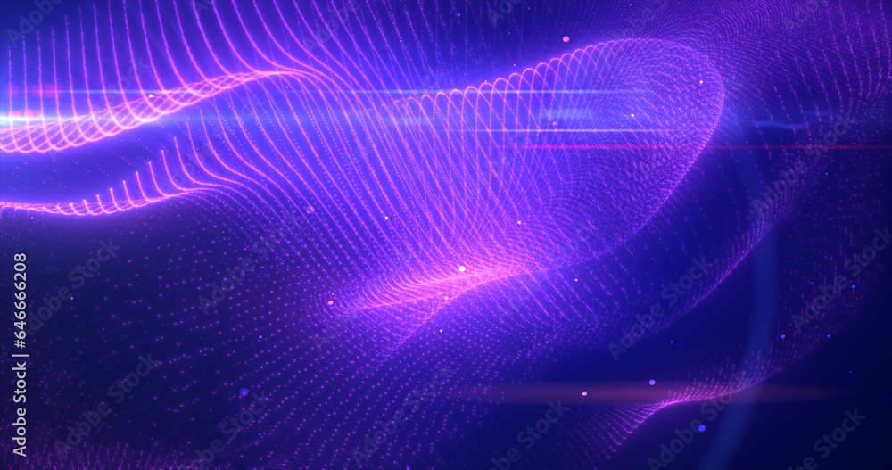 Purple glowing energy bright particles light lines and waves abstract background