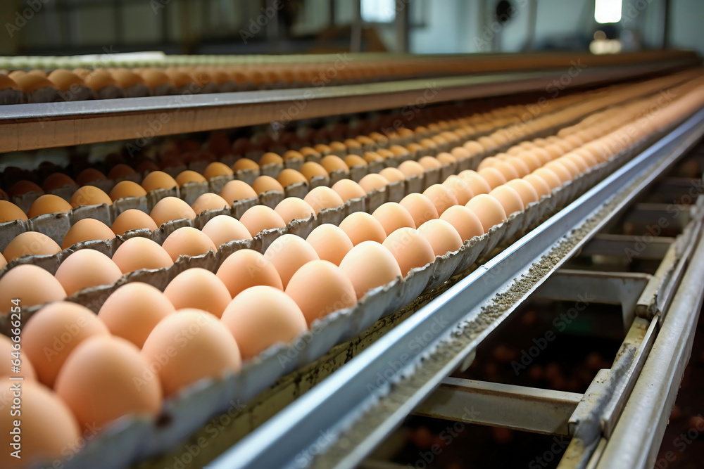 Fototapeta premium Chicken eggs move along a conveyor in a poultry farm. Food industry concept, chicken egg production. Lots of brown and white chicken eggs.