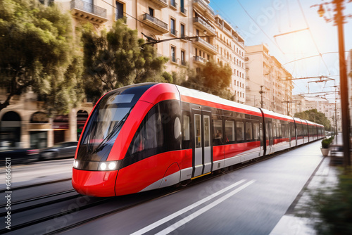 Photo of a vibrant red and white train or tram speeding down train tracks in the city.