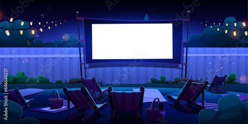 Open air backyard outdoor cinema screen at night cartoon illustration. Watching movie in summer back yard garden 2d environment with projector, chair and garland bulb light in evening with nobody.