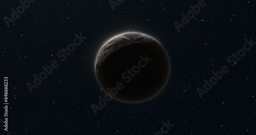 Abstract realistic space planet round sphere with a stone relief surface in space against the background of stars © Bolbik