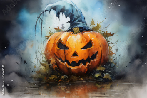 Watercolor illustration of Jack O lantern pumpkin. Halloween celebration concept © Sergie