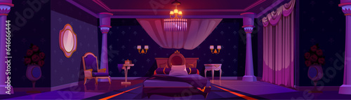 Night princess castle bedroom interior background. Mirror, curtain, bed, chair and nightstand furniture in beautiful sleeping room cartoon illustration. Antique luxury royal queen apartment decoration