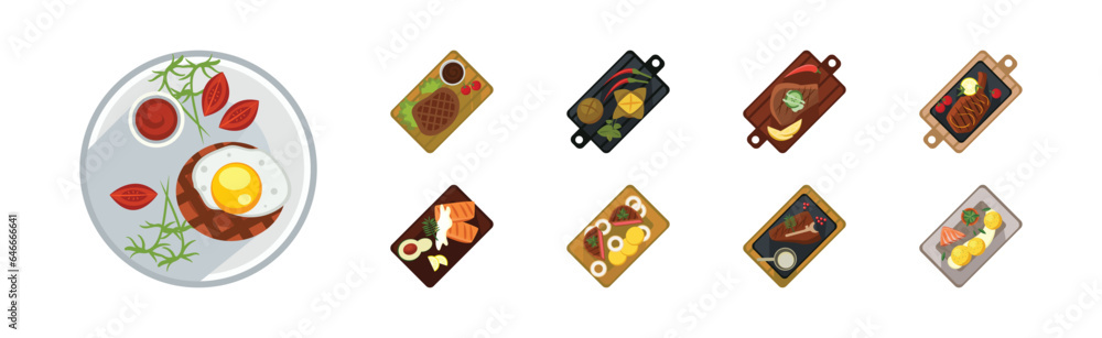 Different Food Served on Cutting Board Flat Vector Set Different Food Served on Cutting Board Flat Vector Set