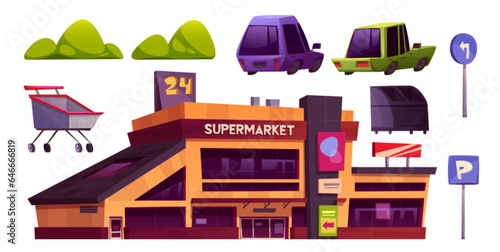 Supermarket parking cartoon vector set - facade of large hypermarket, parked cars, lot signs and green bushes for shop exterior design. Entrance to store building with outdoor urban elements.