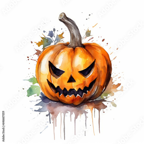 Watercolor illustration of Jack O lantern pumpkin. Halloween celebration concept