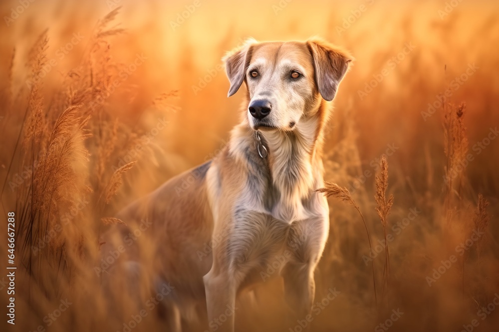 A dog in an autumn field, generative AI A dog in an autumn field, generative AI