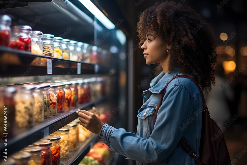 Fototapeta premium A woman in a grocery store, generative AI