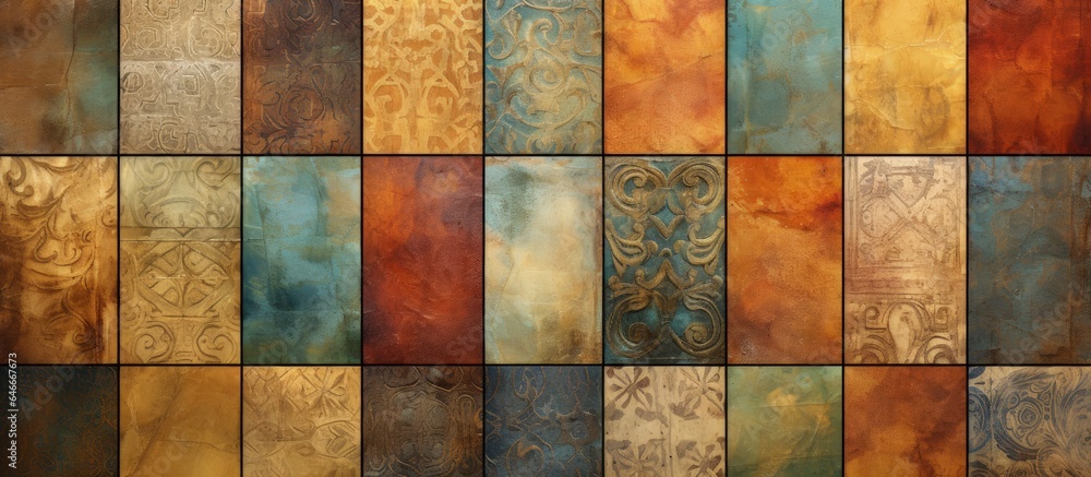 Multicolour rustic decoration for home interior, with rustic ceramic wall tile design and mixed wall art decor. Multicolour rustic decoration for home interior, with rustic ceramic wall tile design and mixed wall art decor.