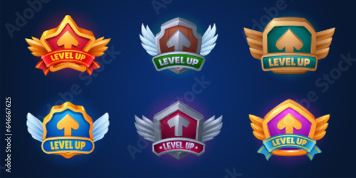 Level up award ui game badge icon vector medal set. Gold trophy reward design for casino achievement with ribbon and arrow. Arcade app gui interface label with shield popup cartoon illustration