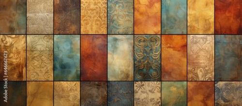 Multicolour rustic decoration for home interior  with rustic ceramic wall tile design and mixed wall art decor.