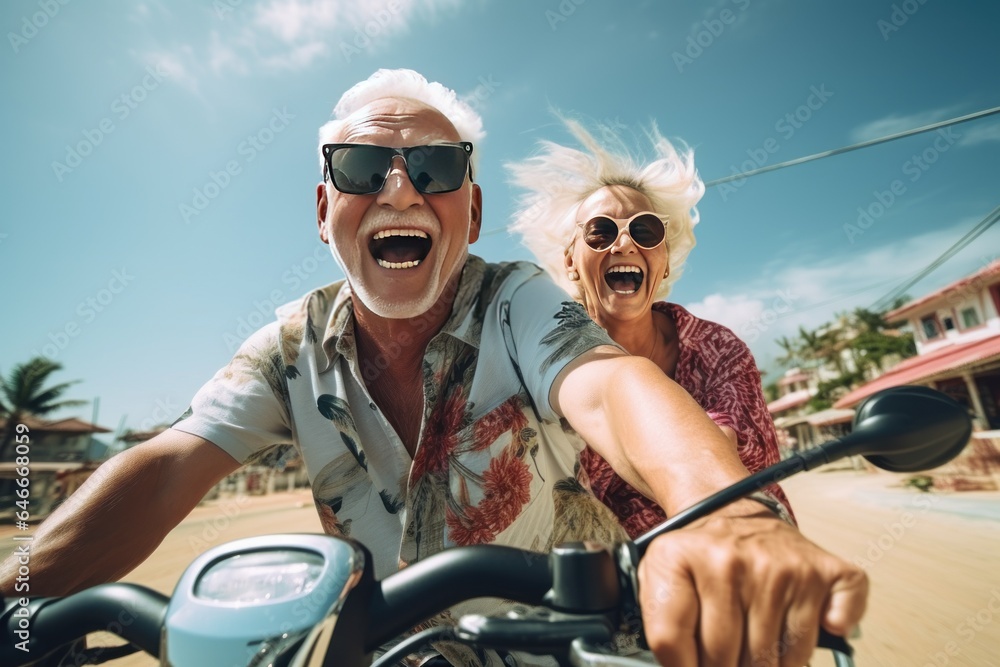 Cheerful senior couple travelers with motorcycles travel
