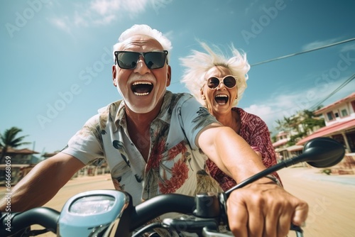 Cheerful senior couple travelers with motorcycles travel