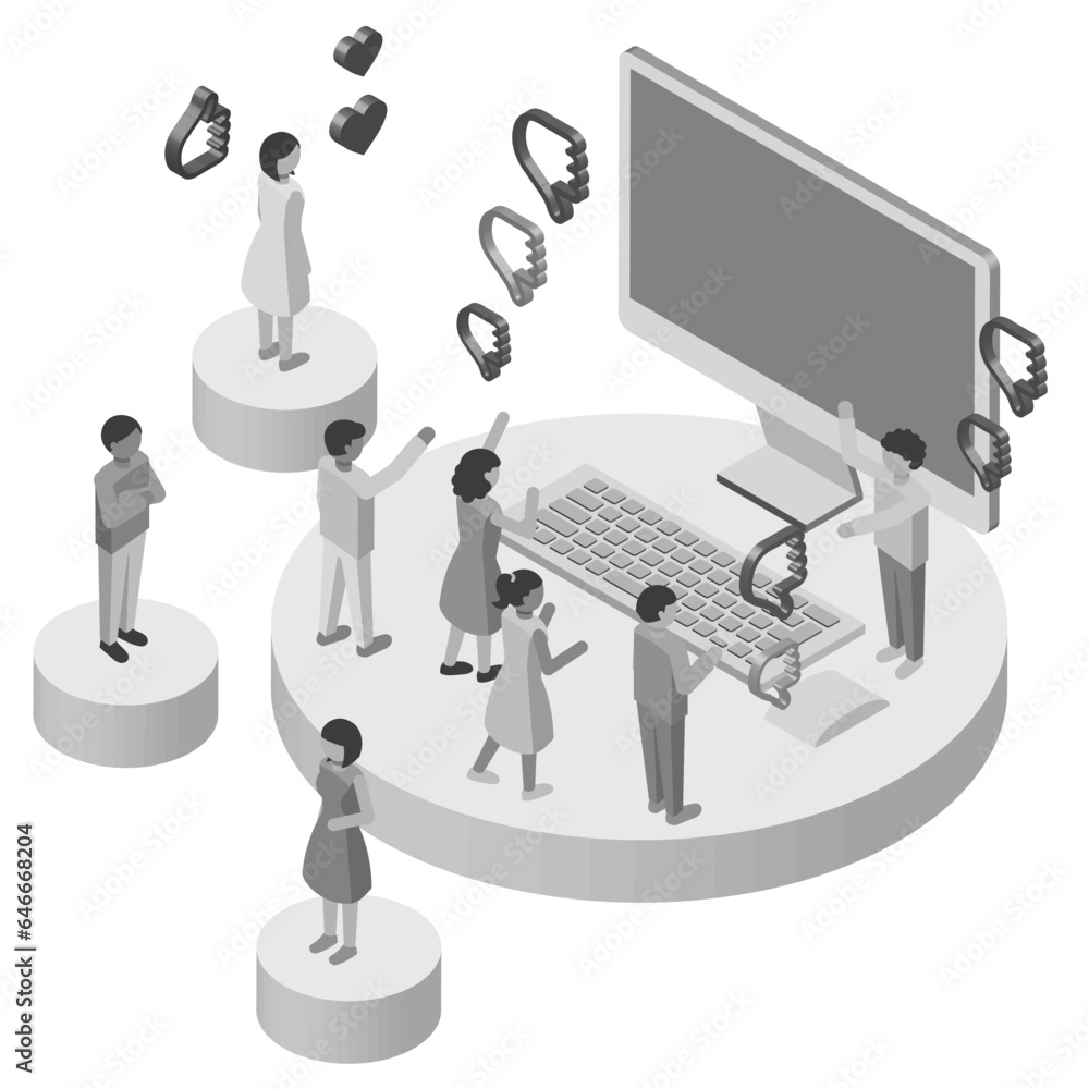 インターネットの情報に様々な反応をする人々のアイソメトリックイラスト インターネットの情報に様々な反応をする人々のアイソメトリックイラスト