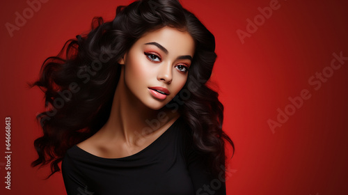 Portrait of young brunette woman with long hair wearing dress. Isolated on red background with copy space. AI Generated.